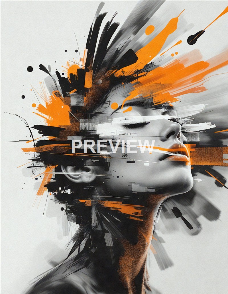 A digital artwork combining a realistic grayscale profile of a woman’s face with dynamic, abstract splashes and streaks of orange, black, and white, creating a sense of movement and emotion.
